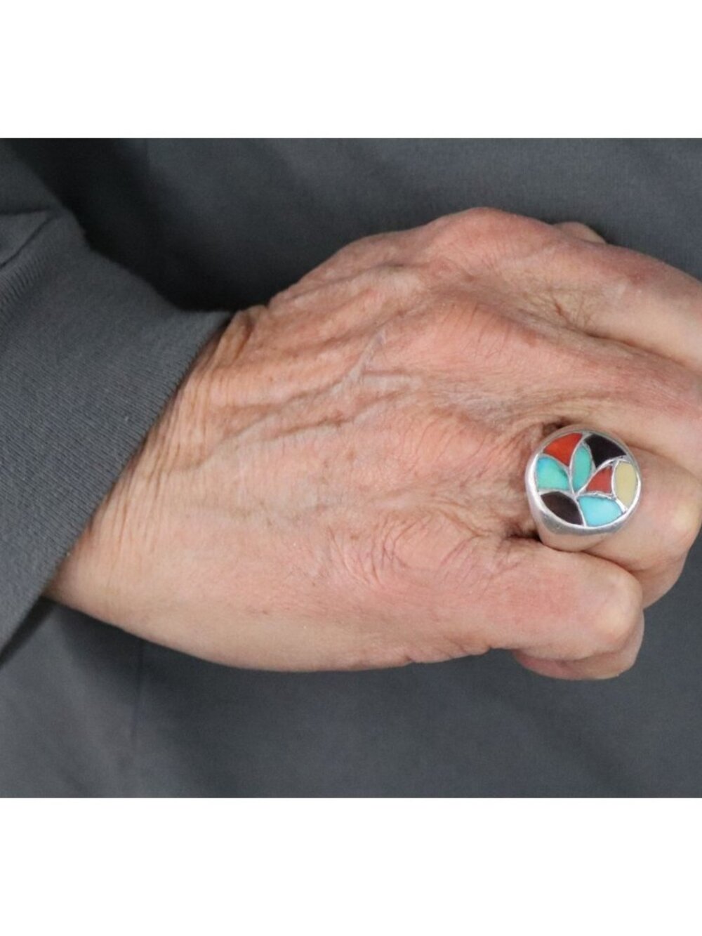 Men's or Women's Sterling Silver Turquoise Coral Onyx Ring Size 9 1/2 - Picture 4 of 9